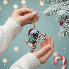 Cute Pug Dog Hugging Candy Cane 2D Flat Acrylic Ornament - Christmas Tree Decoration, Dog Lover Gifts 2025