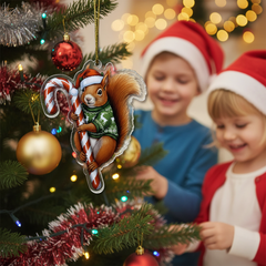 Cute Red Squirrel Dog Hugging Candy Cane 2D Flat Acrylic Ornament - Christmas Tree Decoration, Dog Lover Gifts 2025