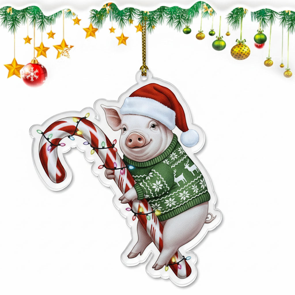 Cute Pig Animal Dog Hugging Candy Cane 2D Flat Acrylic Ornament - Christmas Tree Decoration, Dog Lover Gifts 2025