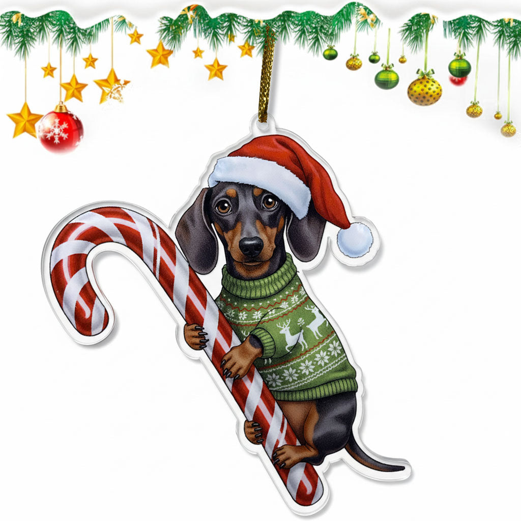 Cute Dachshund Cafe Dog Hugging Candy Cane 2D Flat Acrylic Ornament - Christmas Tree Decoration, Dog Lover Gifts 2025