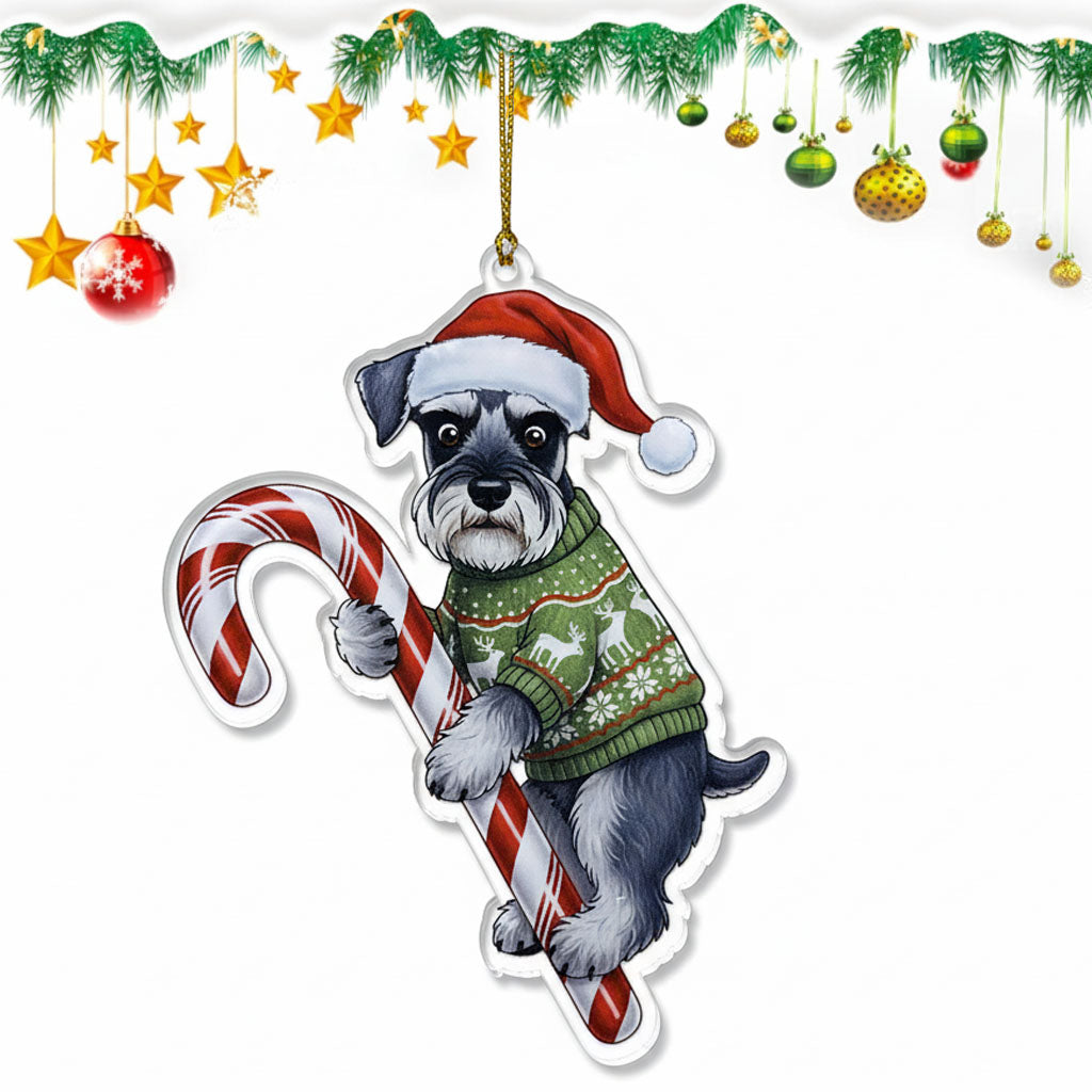 Cute Schnauzer Dog Hugging Candy Cane 2D Flat Acrylic Ornament - Christmas Tree Decoration, Dog Lover Gifts 2025