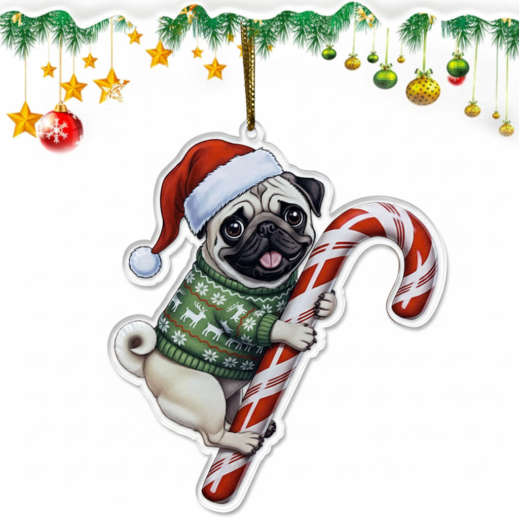 Cute Pug Dog Hugging Candy Cane 2D Flat Acrylic Ornament - Christmas Tree Decoration, Dog Lover Gifts 2025