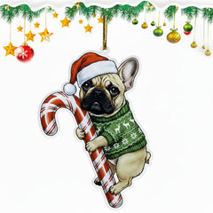 Cute French Bulldog Dog Hugging Candy Cane 2D Flat Acrylic Ornament - Christmas Tree Decoration, Dog Lover Gifts 2025