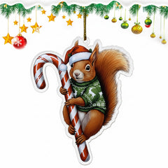 Cute Red Squirrel Dog Hugging Candy Cane 2D Flat Acrylic Ornament - Christmas Tree Decoration, Dog Lover Gifts 2025