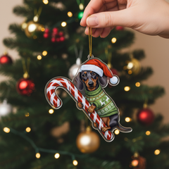 Cute Dachshund Cafe Dog Hugging Candy Cane 2D Flat Acrylic Ornament - Christmas Tree Decoration, Dog Lover Gifts 2025
