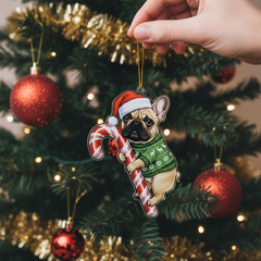 Cute French Bulldog Dog Hugging Candy Cane 2D Flat Acrylic Ornament - Christmas Tree Decoration, Dog Lover Gifts 2025