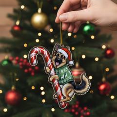 Cute German Shepherd Dog Hugging Candy Cane 2D Flat Acrylic Ornament - Christmas Tree Decoration, Dog Lover Gifts 2025