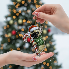 Cute French Bulldog Dog Hugging Candy Cane 2D Flat Acrylic Ornament - Christmas Tree Decoration, Dog Lover Gifts 2025