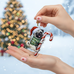 Cute Pug Dog Hugging Candy Cane 2D Flat Acrylic Ornament - Christmas Tree Decoration, Dog Lover Gifts 2025