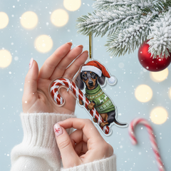 Cute Dachshund Cafe Dog Hugging Candy Cane 2D Flat Acrylic Ornament - Christmas Tree Decoration, Dog Lover Gifts 2025